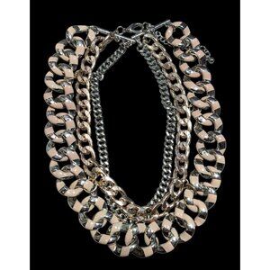 Metallic Statement Necklace Silver And Gold Tone With Pink Painted Stripes